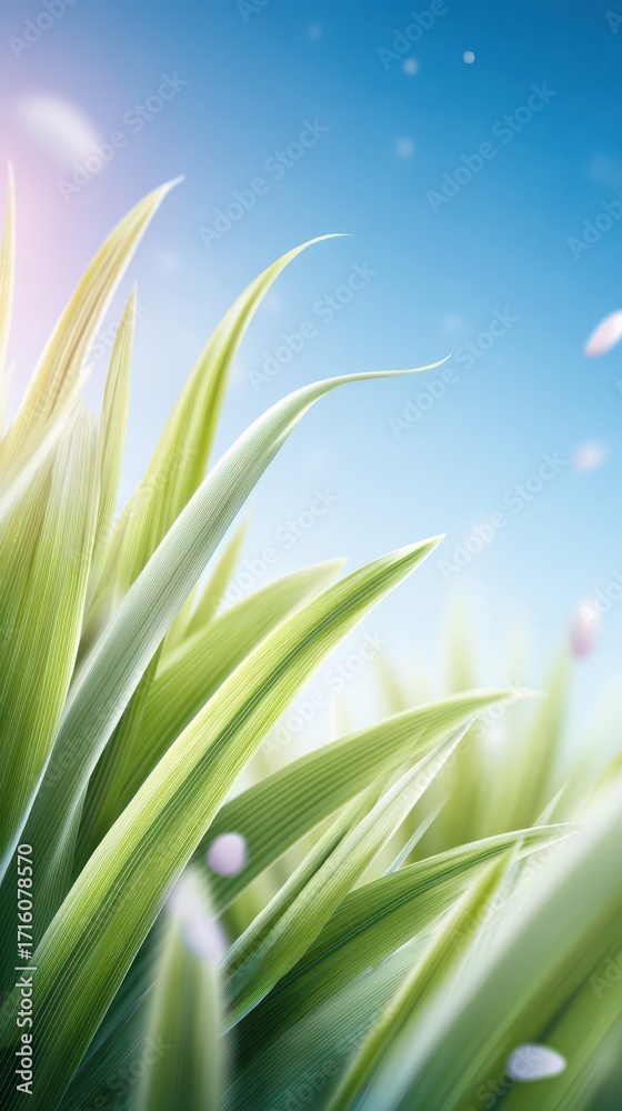 Obraz premium Lush green grass blades reaching towards a vibrant blue sky, closeup view of nature's beauty