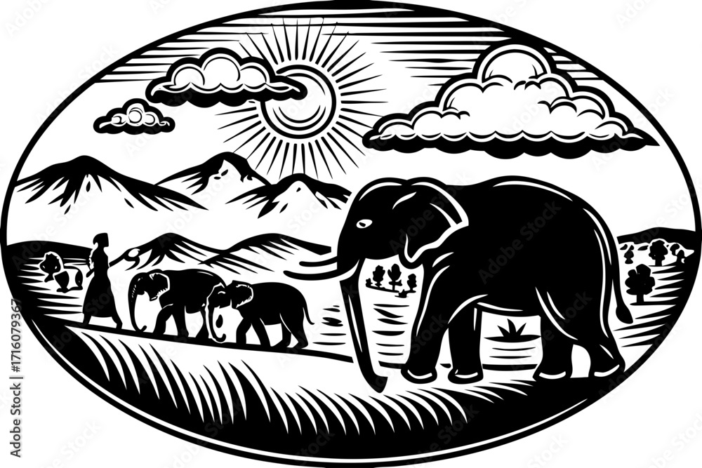 Fototapeta premium Black and White Woman Leading Elephants Landscape Illustration Art