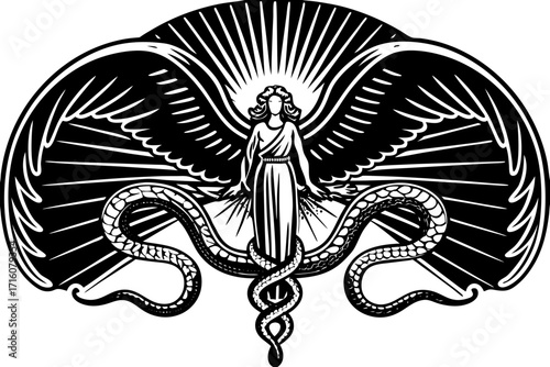 Black and White Angel with Snakes Mystical Illustration Art