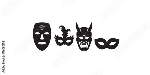 Print  Silhouette vector set of mythical masks – tribal, carnival, Venetian, oni, and masquerade masks, simple bold shapes, isolated on white background.