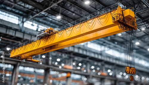 Wallpaper Mural Yellow overhead crane assembly suspended from factory ceiling. Industrial machinery designed for heavy lifting operations in workshops, manufacturing. Enhances efficiency, safety in production, Torontodigital.ca