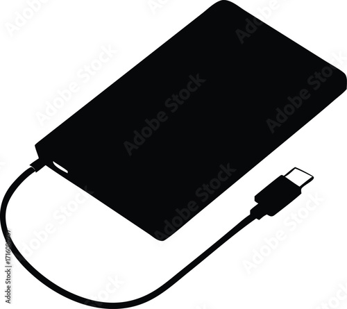 Portable power bank with usb-c cable silhouette for charging devices on the go vector