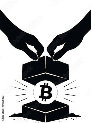 Hands opening a box revealing a glowing Bitcoin symbol vector illustration