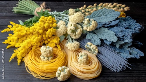Colorful Arrangement of Fresh Vegetables and Pasta on Wooden Surface with Textured Background