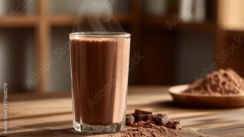 Delicious Chocolate Drink Being Poured into a Glass with Cocoa Powder and Chocolate Pieces on Table