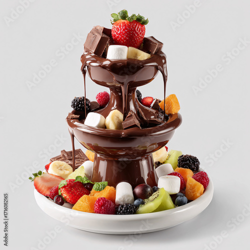 A flowing chocolate fondue fountain surrounded by fresh fruits and marshmallows, creating a tempting display at the Salon du Chocolat.
