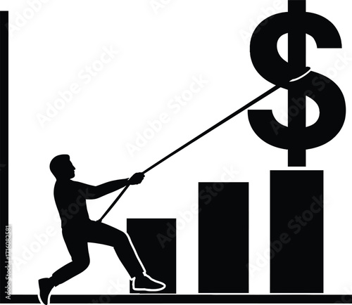 Silhouette of a man pulling a rope attached to a dollar sign on a bar graph on a white background Keywords: man, pulling, rope, dollar sign, money, currency, bar graph, chart, finance, business