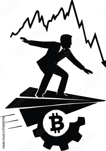 Silhouette of a man surfing on a paper airplane over a bitcoin gear with a downward graph vector illustration