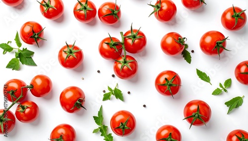 Fresh cherry tomatoes arranged on a white background