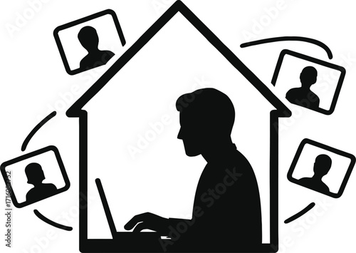 Silhouette of a man working on a laptop inside a house outline with video call icons on a white background