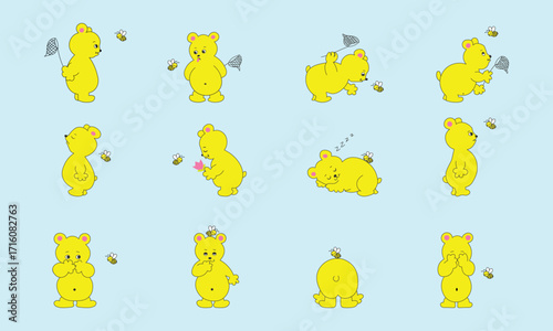 Cute bear and bee animal cartoon character vector set stock illustration