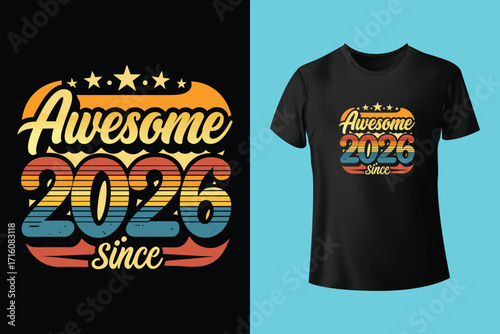 2026 is coming text design with colorful typography and t shirt mockup