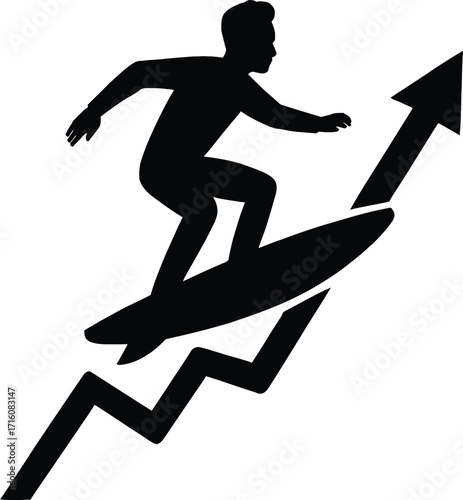 Silhouette of a surfer riding an upward trending graph arrow on a white background Keywords: surfer, surfing, wave, surfboard, graph, chart, arrow, upward, rising, growth, success, business