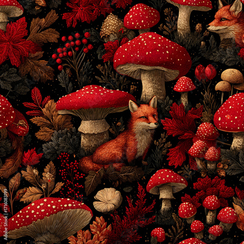 PATTERN CARTA DA PARATI VOLPE E FUNGHI ROSSI
