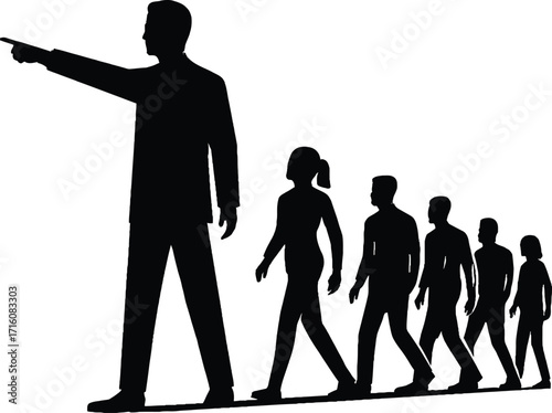 Silhouette of a tall man in a suit pointing forward leading a line of smaller people leader leadership