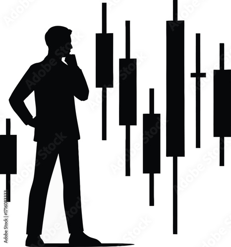 Silhouette of businessman contemplating stock market candlestick chart trading finance