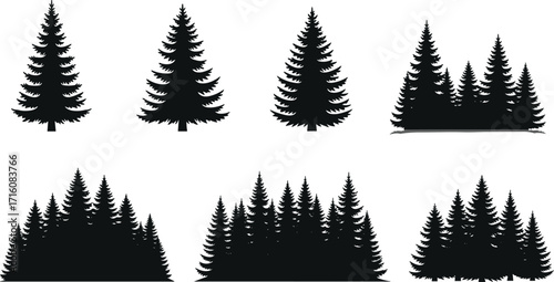 Coniferous Tree Silhouette Vector Set Featuring Individual Pines and Forest Clusters for Nature, Landscape, Seasonal, Forestry, and Design Applications