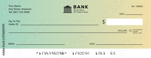 Empty money cheque. Bank check. check book template with pattern and blank fields. Currency payment coupon, US dollar check background.