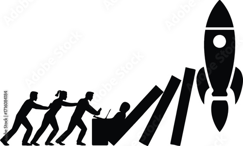 Silhouettes of people pushing dominoes towards a rocket, one person works on a laptop falling