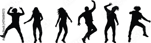 Silhouette dancers, energetic dance poses, group performance, modern choreography, artistic movement, expressive body language, black figures, white background, rhythm, celebration, creativity, 