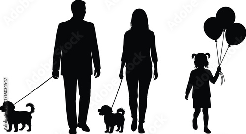 Family walking together silhouette, parents child and dogs, outdoor leisure activity, balloons celebration, happy lifestyle illustration, pet owners outing, people walking pets, family bonding art