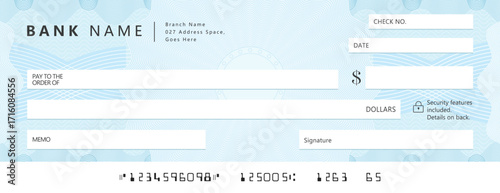 Empty money cheque. Bank check. check book template with pattern and blank fields. Currency payment coupon, US dollar check background.	