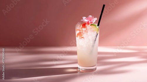 paloma cocktail in a transparent glass, the beverage is cold and fresh