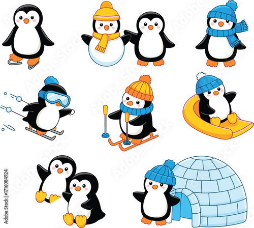 Cartoon penguins winter activities, skiing penguin illustration, snowman with penguin, igloo scene, snow tubing penguin, cute penguin characters, holiday season, playful winter sports, festive