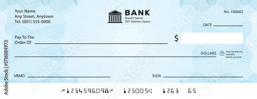 Empty money cheque. Bank check. check book template with pattern and blank fields. Currency payment coupon, US dollar check background.	