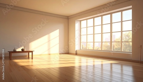 Wallpaper Mural Sunlit empty room with large window, hardwood floors, and a small table holding two vases. Warm light streams in, casting shadows on the walls Torontodigital.ca