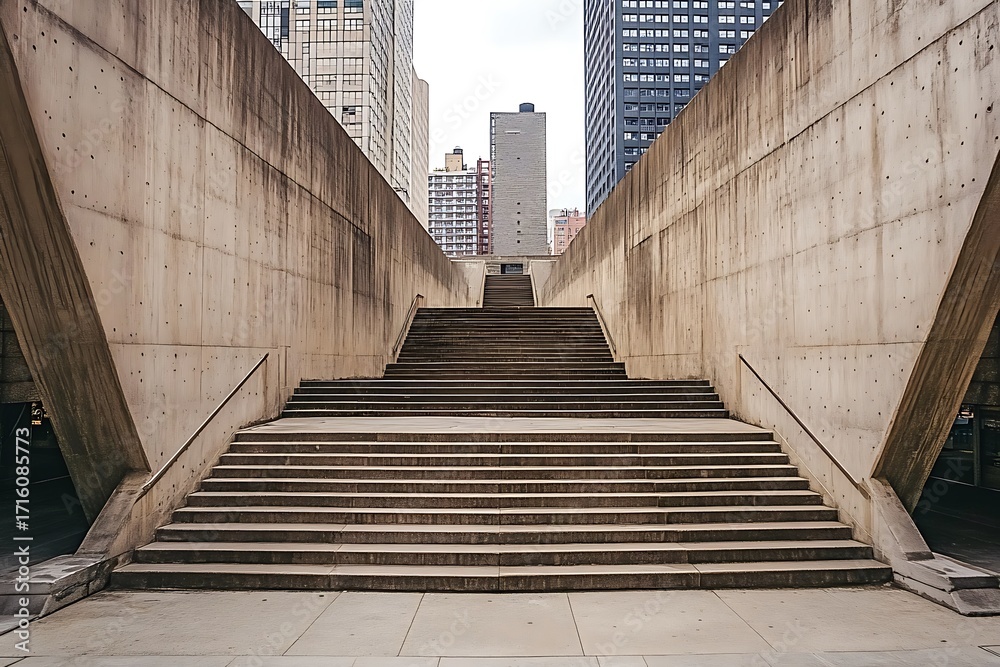 Fototapeta premium Raw concrete staircase in a Brutalist structure, leading up to a grand, open plaza