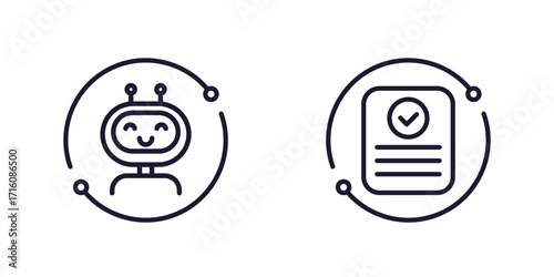 AI agent line icons with robot and completed task