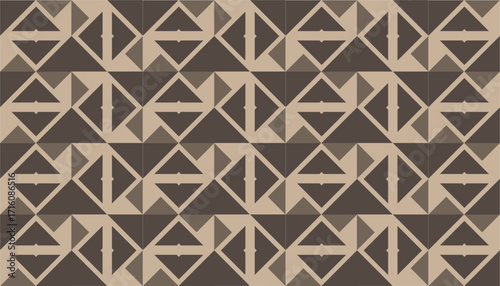 Minimalist seamless geometric pattern in brown and beige tones, featuring angular triangular and diamond shapes for a modern yet rustic look, ideal for textiles, wallpapers, and packaging