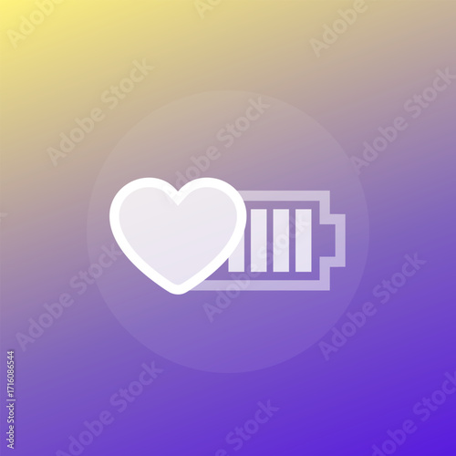 battery icon with a heart, energy and vitality, transparent design