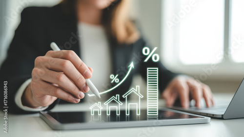Businesswoman hand holding stylus drawing house icon, percentage, and growth chart on digital tablet, representing real estate investment, mortgage rate, and financial growth