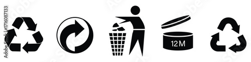 Trash can icon and Recycle icons set. Recycle sign or Packaging sign vector illustration, The universal recycling symbol isolated on white background. Pao cosmetic open 12 month life shelf.