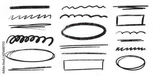 Black brush pencil underline marks with crayon stroke textures for highlighting and emphasis. Hand drawn lines of wavy and straight, circular shapes and rectangles for text decoration and annotation.
