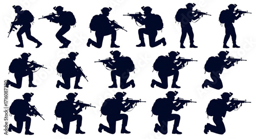Army Soldier Silhouettes Set – Military Tactical Figures with Rifles in Action Poses