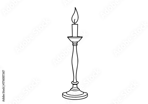Candle on a candlestick with flame in minimalist line art style  
