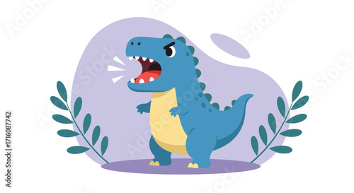 Angry Blue Cartoon Dinosaur Roaring Loudly.