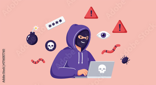 Anonymous hacker in a hoodie committing cybercrime on a laptop.
