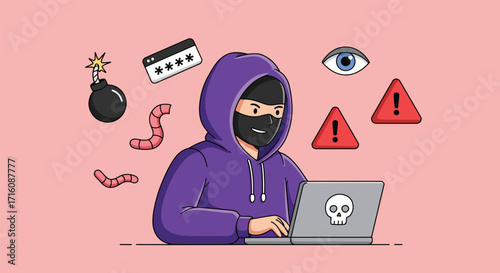 Anonymous hooded hacker committing a cybercrime on a laptop.