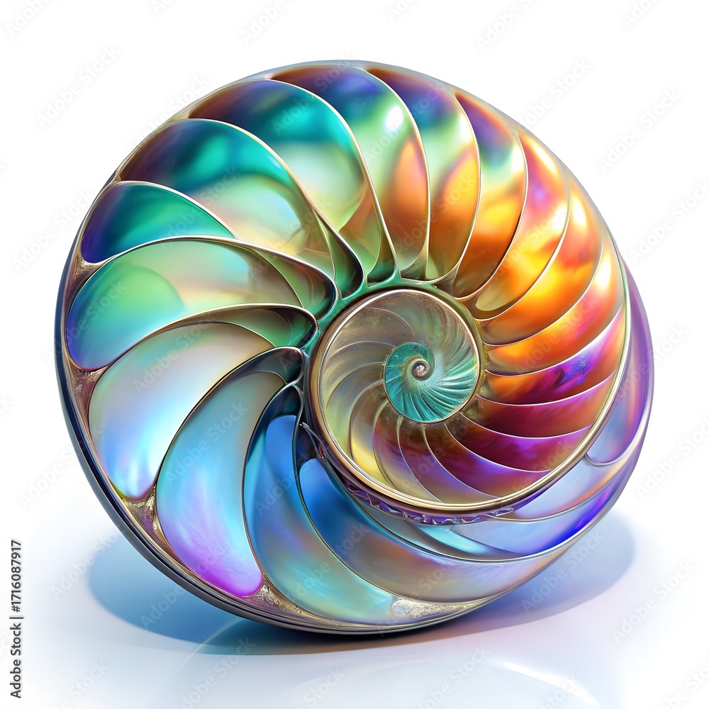 Obraz premium A crosssection of a nautilus shell with iridescent, rainbowcolored chambers, isolated on white background