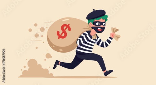 Cartoon thief character running with a money bag.