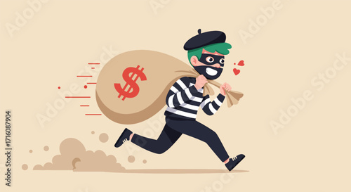 Cartoon thief character running with a money bag