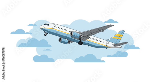Commercial passenger airplane flying through the sky with clouds.