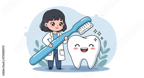 Cute cartoon dentist character with a large toothbrush and a happy healthy tooth.