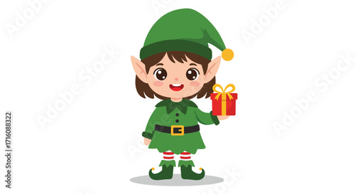 Cute Christmas Elf Character Holding a Gift Box.