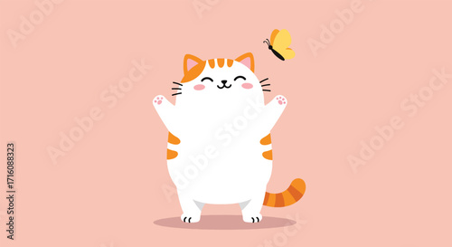 Cute chubby cartoon cat playing with a yellow butterfly.
