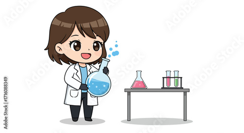 Cute female scientist cartoon character holding a chemical flask.